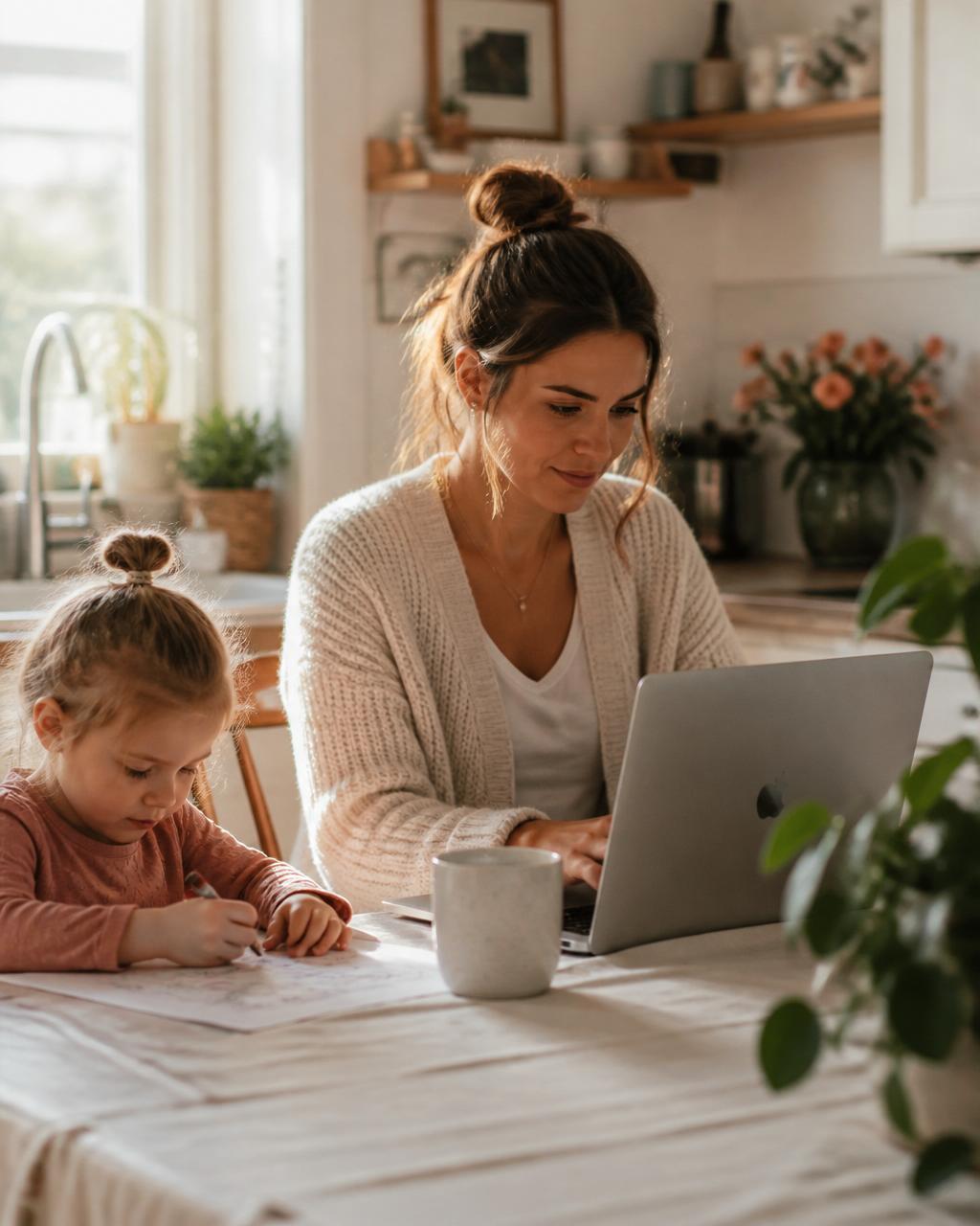 A mom working on a laptop at the kitchen table while her young daughter colors beside her