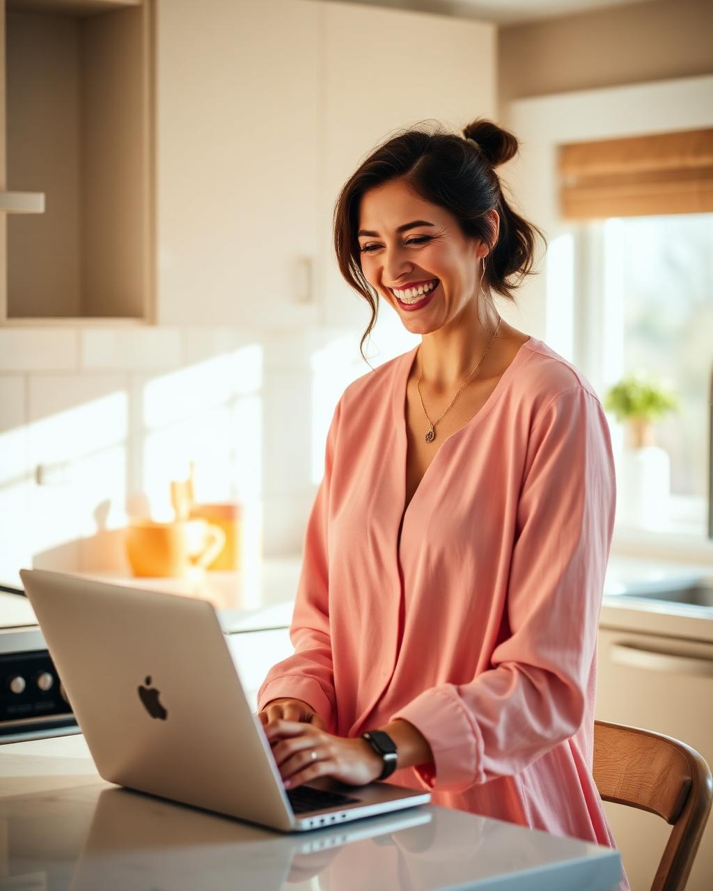 A mom laughing while using her laptop in a sunny kitchen